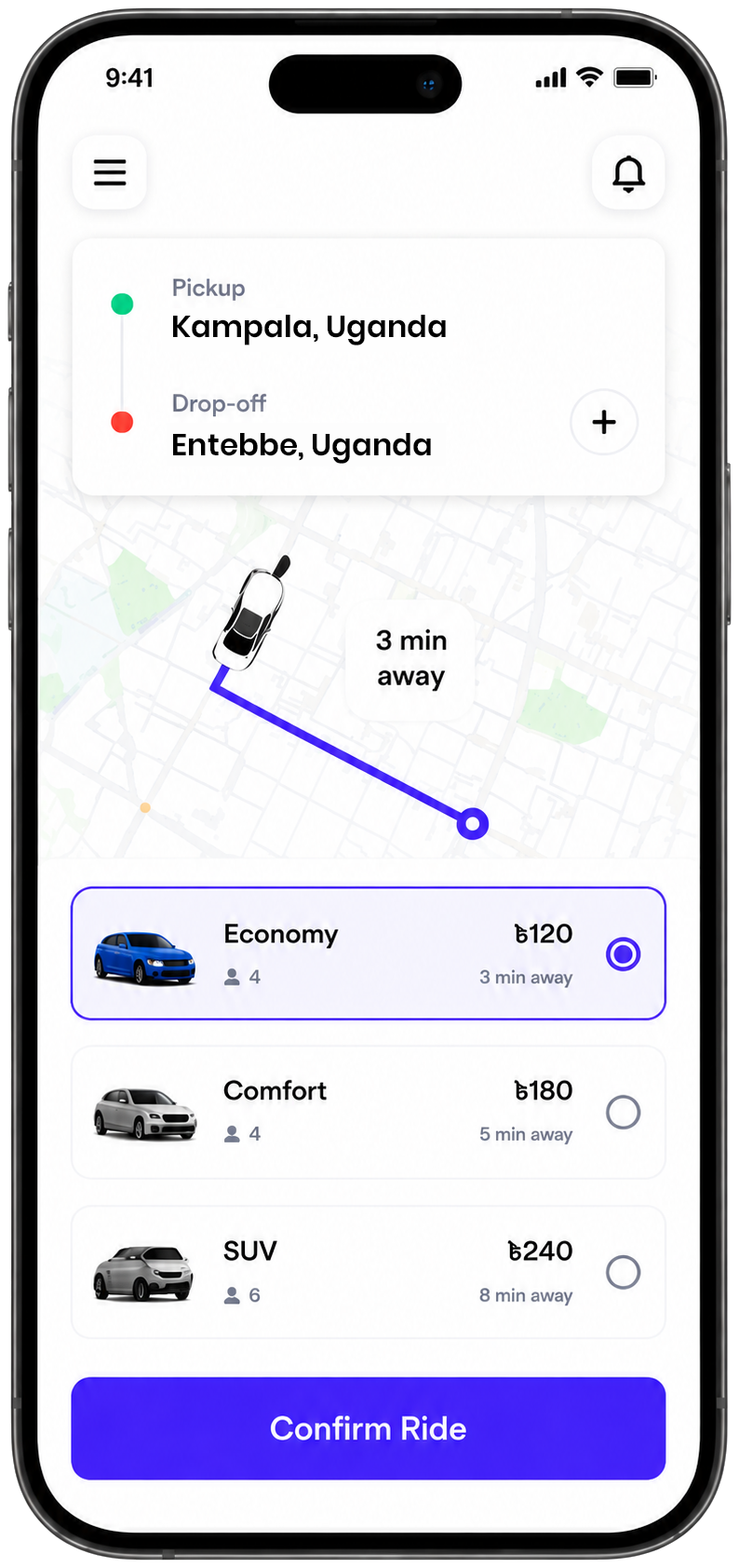 ReadyRide app booking screen